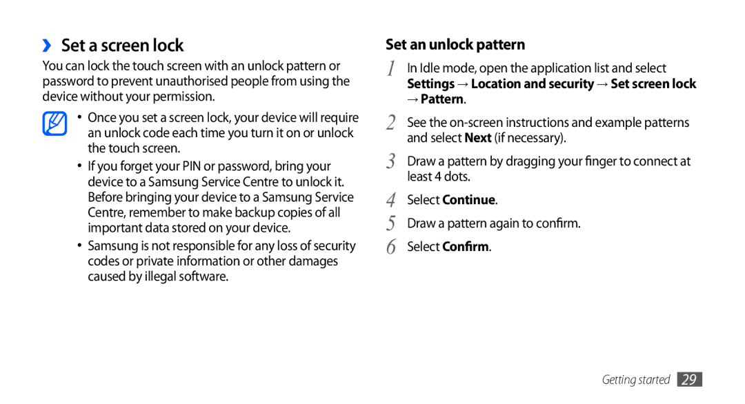 Samsung GT-I5801PWAXXV, GT-I5801PWAXEV, GT-I5801DKAXEV, GT-I5801DKAXXV manual ›› Set a screen lock, → Pattern 