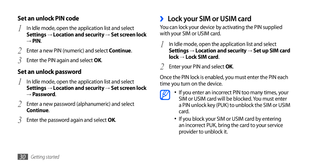 Samsung GT-I5801DKAXEV, GT-I5801PWAXEV, GT-I5801PWAXXV, GT-I5801DKAXXV manual ›› Lock your SIM or Usim card 