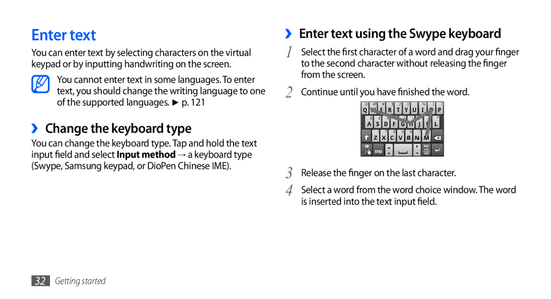 Samsung GT-I5801PWAXEV, GT-I5801PWAXXV manual ›› Change the keyboard type, ›› Enter text using the Swype keyboard 