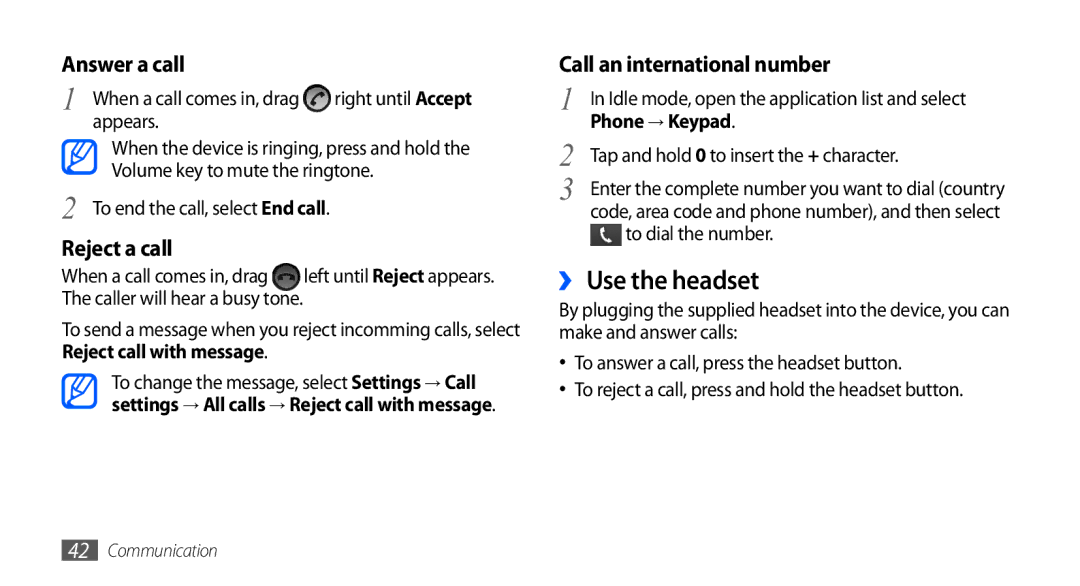 Samsung GT-I5801DKAXEV, GT-I5801PWAXEV, GT-I5801PWAXXV manual ›› Use the headset, Tap and hold 0 to insert the + character 