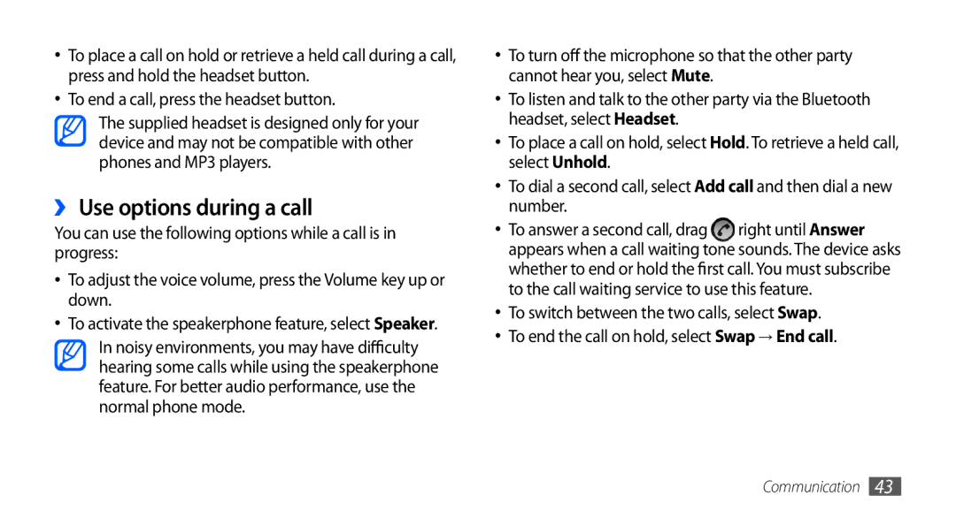 Samsung GT-I5801DKAXXV, GT-I5801PWAXEV manual ›› Use options during a call, To end a call, press the headset button 