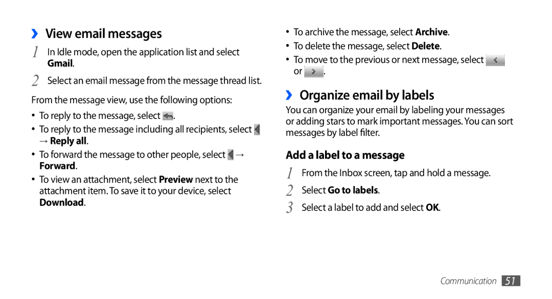 Samsung GT-I5801DKAXXV manual ›› View email messages, ›› Organize email by labels, → Reply all, Select Go to labels 