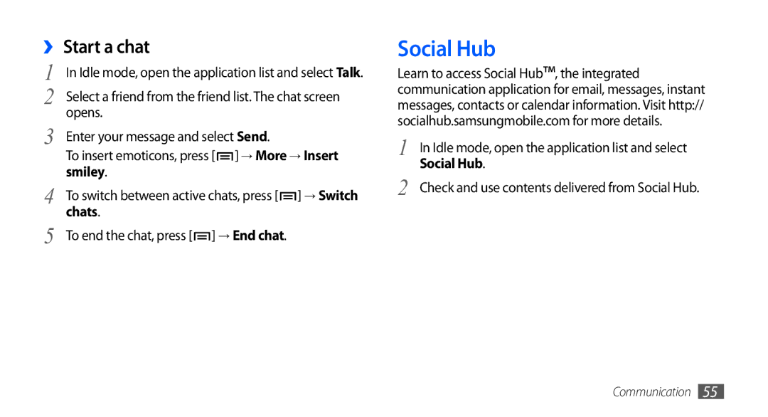 Samsung GT-I5801DKAXXV, GT-I5801PWAXEV, GT-I5801PWAXXV, GT-I5801DKAXEV manual Social Hub, ›› Start a chat, Smiley, Chats 