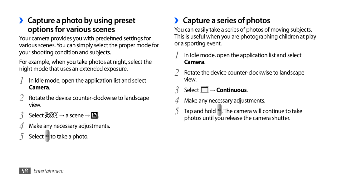 Samsung GT-I5801DKAXEV, GT-I5801PWAXEV, GT-I5801PWAXXV manual ›› Capture a series of photos, View Select, → Continuous 