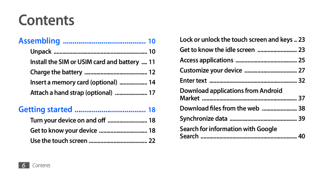 Samsung GT-I5801DKAXEV, GT-I5801PWAXEV, GT-I5801PWAXXV, GT-I5801DKAXXV manual Contents 