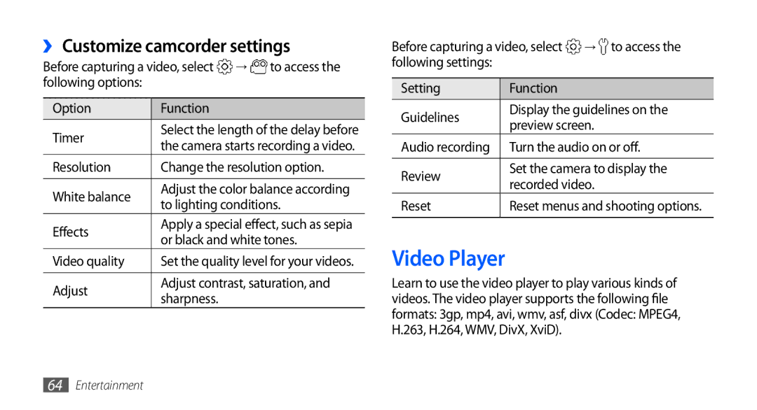Samsung GT-I5801PWAXEV, GT-I5801PWAXXV, GT-I5801DKAXEV, GT-I5801DKAXXV manual Video Player, ›› Customize camcorder settings 