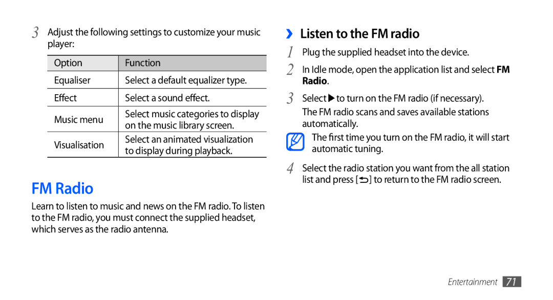 Samsung GT-I5801DKAXXV, GT-I5801PWAXEV, GT-I5801PWAXXV, GT-I5801DKAXEV manual FM Radio, ›› Listen to the FM radio 