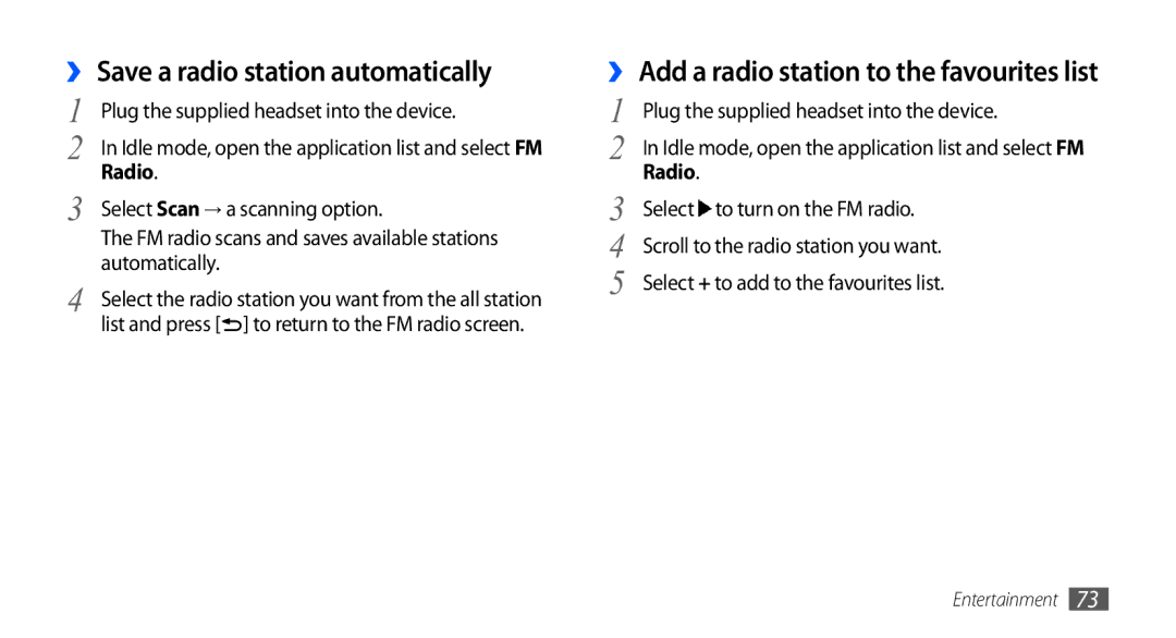 Samsung GT-I5801PWAXXV, GT-I5801PWAXEV manual ›› Save a radio station automatically, Select Scan → a scanning option 