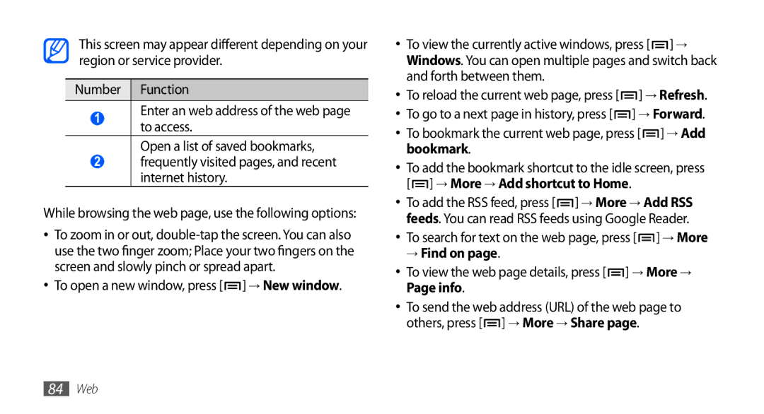 Samsung GT-I5801PWAXEV To open a new window, press → New window, To bookmark the current web page, press → Add bookmark 