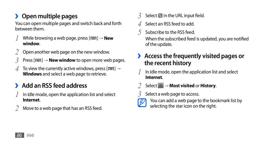 Samsung GT-I5801DKAXEV manual ›› Open multiple pages, ›› Add an RSS feed address, Select → Most visited or History 