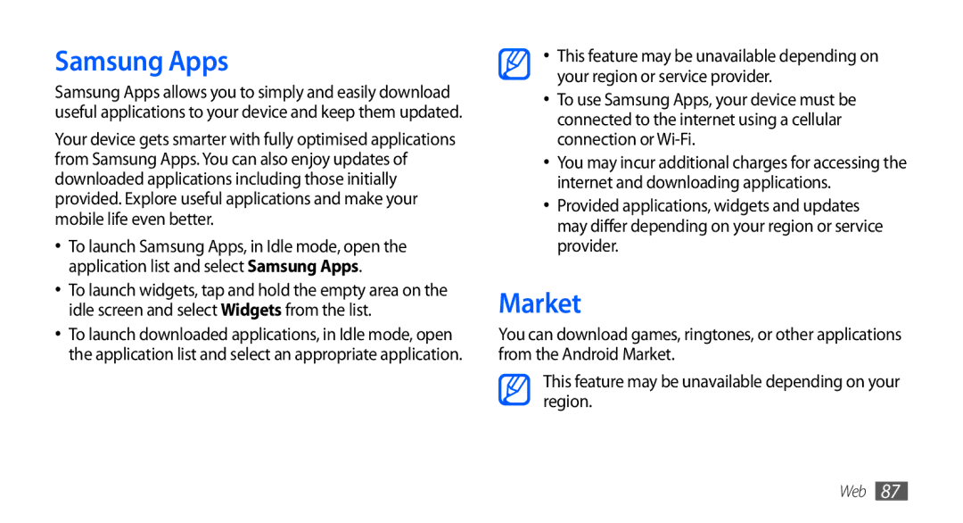 Samsung GT-I5801DKAXXV, GT-I5801PWAXEV, GT-I5801PWAXXV, GT-I5801DKAXEV manual Samsung Apps, Market 