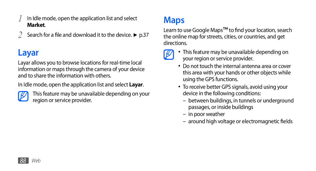 Samsung GT-I5801PWAXEV, GT-I5801PWAXXV, GT-I5801DKAXEV, GT-I5801DKAXXV manual Layar, Maps, Poor weather 