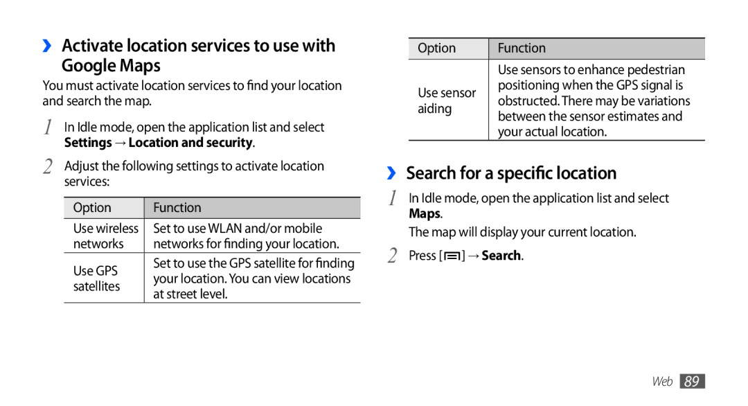 Samsung GT-I5801PWAXXV manual Google Maps, ›› Search for a specific location, Settings → Location and security, → Search 