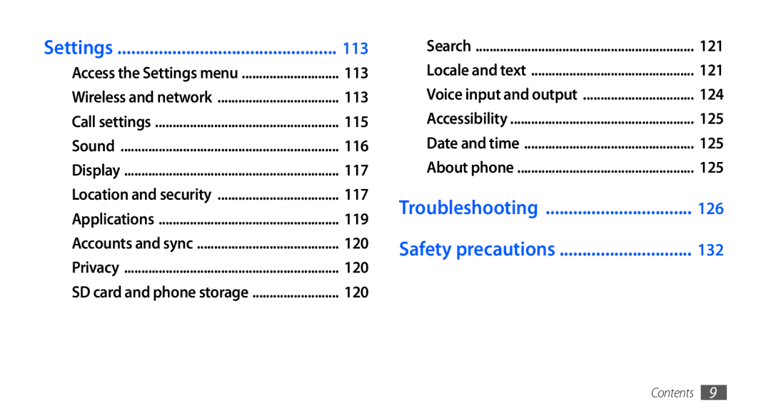 Samsung GT-I5801PWAXXV, GT-I5801PWAXEV, GT-I5801DKAXEV, GT-I5801DKAXXV manual Settings, Troubleshooting, Safety precautions 