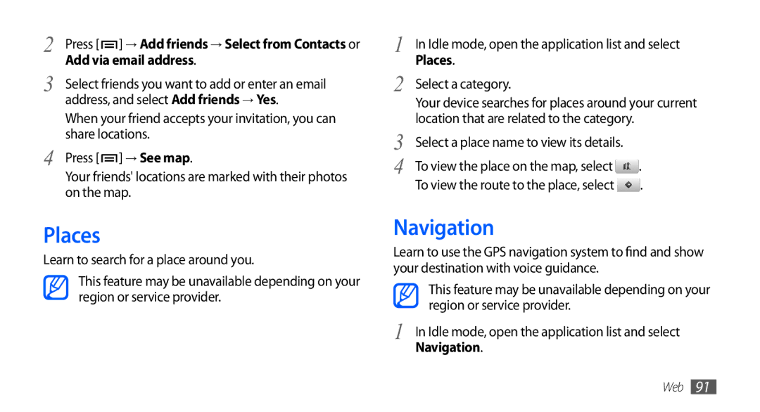 Samsung GT-I5801DKAXXV, GT-I5801PWAXEV, GT-I5801PWAXXV, GT-I5801DKAXEV manual Places, Navigation 