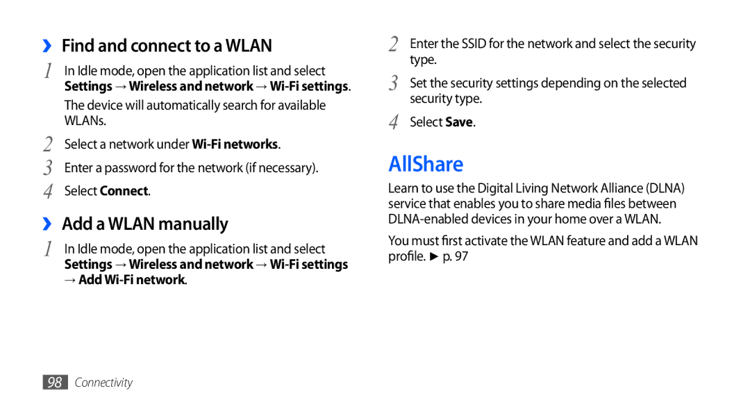 Samsung GT-I5801DKAXEV, GT-I5801PWAXEV, GT-I5801PWAXXV AllShare, ›› Find and connect to a Wlan, ›› Add a Wlan manually 