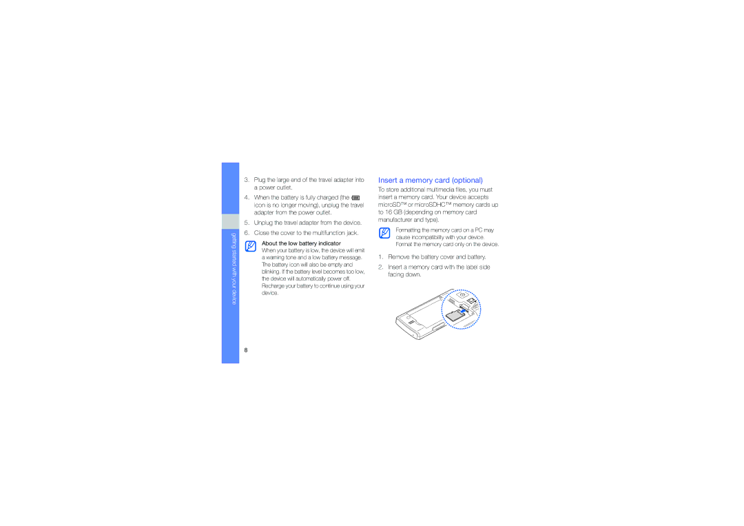 Samsung GT-I6410HKAVGR manual Insert a memory card optional, Plug the large end of the travel adapter into a power outlet 