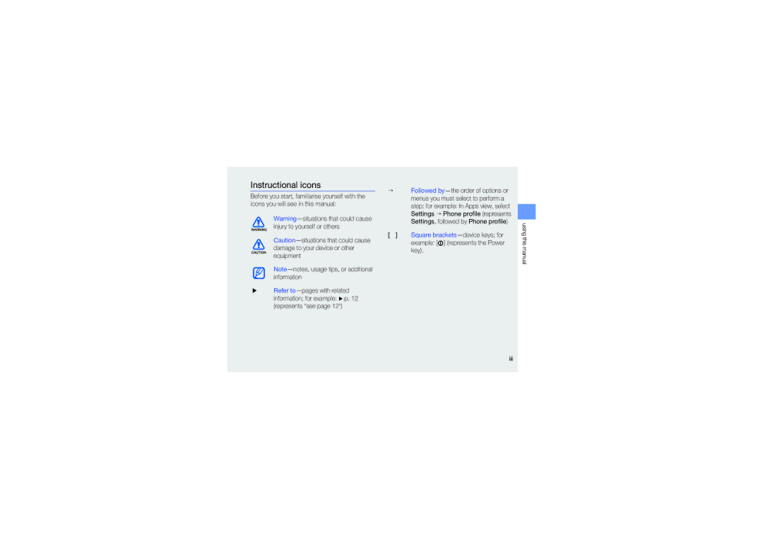 Samsung GT-I6410BOAVD2 Instructional icons, Before you start, familiarise yourself with, Icons you will see in this manual 