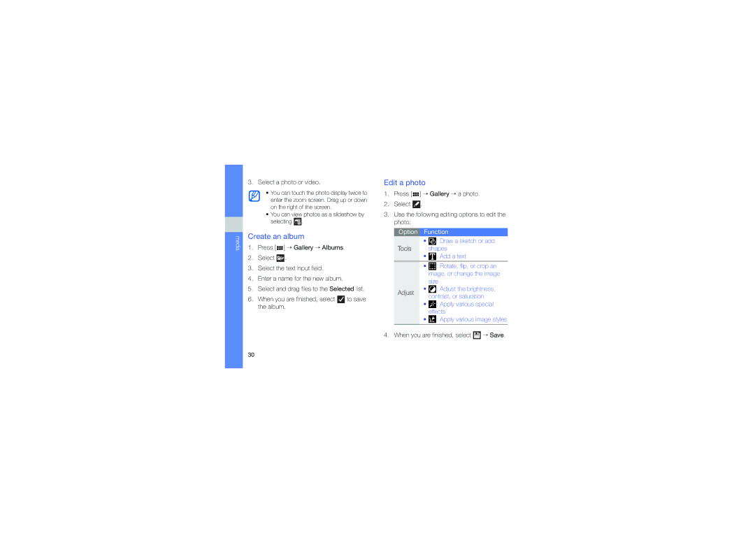 Samsung GT-I6410ZKAVD2, GT-I6410FIAVD2, GT-I6410ZWAVD2, GT-I6410HKAVD2, GT-I6410BOAVD2 manual Create an album, Edit a photo 