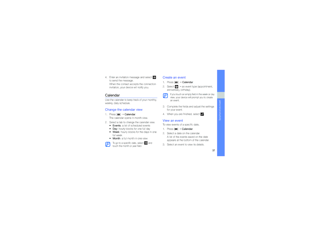 Samsung GT-I6410ZKAATL, GT-I6410FIAVD2, GT-I6410ZWAVD2 Calendar, Change the calendar view, Create an event, View an event 