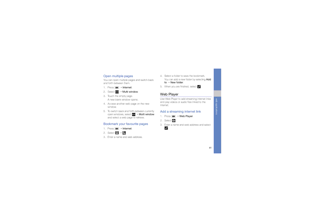Samsung GT-I6410BOAVGR manual Web Player, Open multiple pages, Bookmark your favourite pages, Add a streaming internet link 