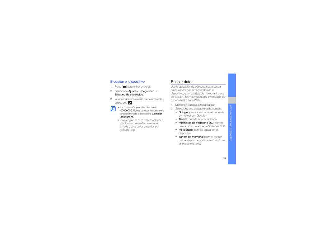 Samsung GT-I6410HKAATL, GT-I6410ZWAATL, GT-I6410ZKAATL, GT-I6410BOAATL manual Buscar datos, Bloquear el dispositivo 
