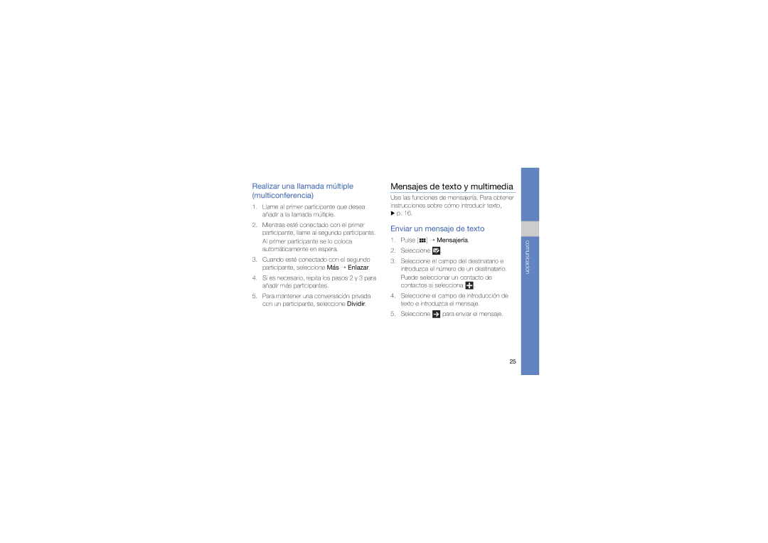 Samsung GT-I6410BOAATL, GT-I6410ZWAATL manual Mensajes de texto y multimedia, Realizar una llamada múltiple multiconferencia 
