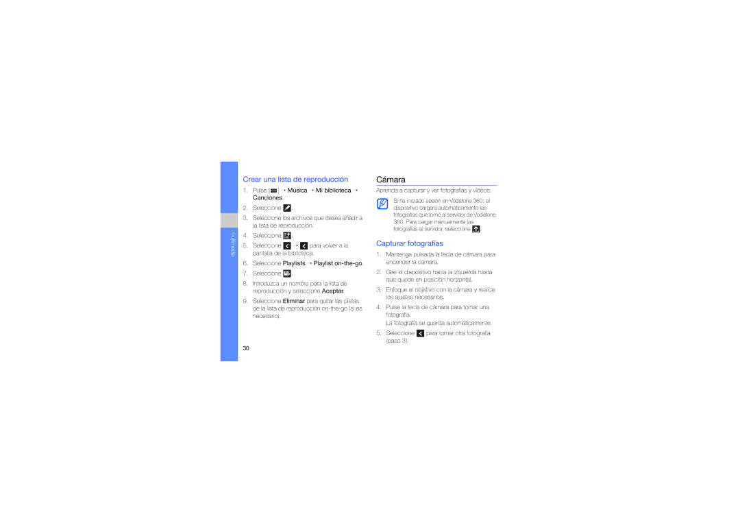 Samsung GT-I6410ZWAATL, GT-I6410HKAATL, GT-I6410ZKAATL manual Cámara, Crear una lista de reproducción, Capturar fotografías 