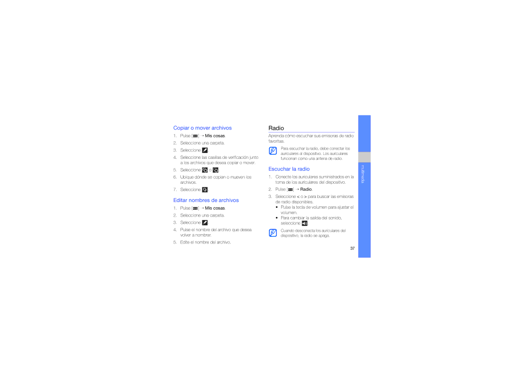 Samsung GT-I6410BOAATL, GT-I6410ZWAATL manual Radio, Copiar o mover archivos, Editar nombres de archivos, Escuchar la radio 