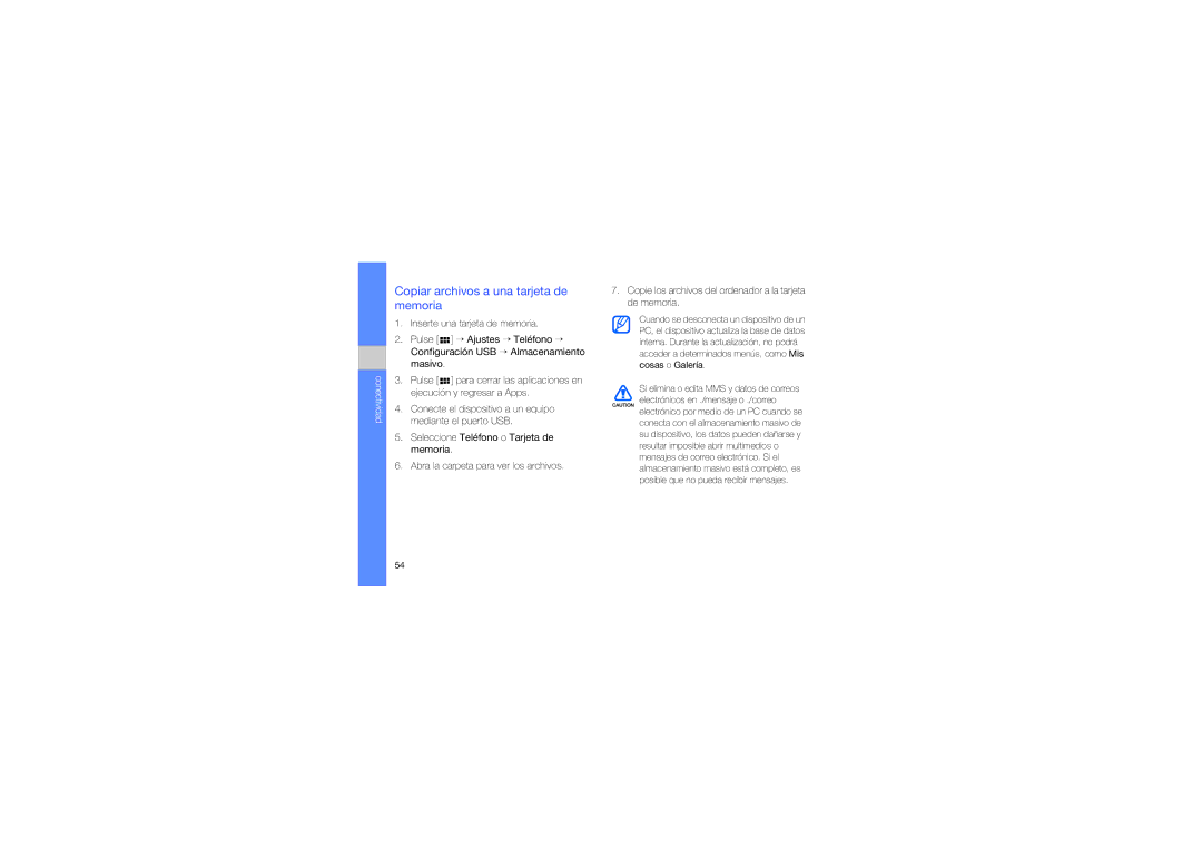 Samsung GT-I6410ZWAATL, GT-I6410HKAATL, GT-I6410ZKAATL, GT-I6410BOAATL manual Copiar archivos a una tarjeta de memoria 
