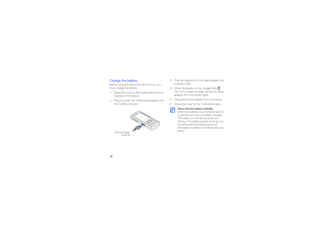 Samsung GT-I7110HKASER, GT-I7110HKNDBT, GT-I7110OAADTM, GT-I7110HKCDBT, GT-I7110OAFDBT, GT-I7110OANDTM manual Charge the battery 