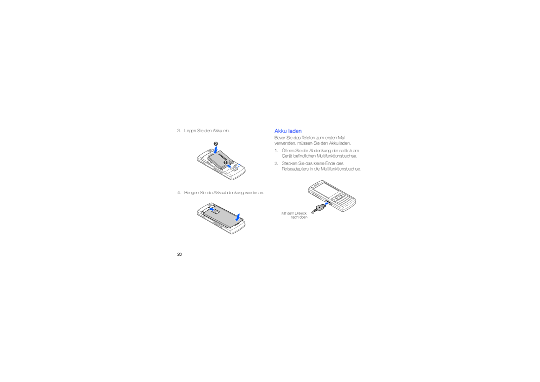 Samsung GT-I7110OACDTM, GT-I7110HKNDBT, GT-I7110OAADTM, GT-I7110HKCDBT, GT-I7110OAFDBT, GT-I7110OANDTM manual Akku laden 