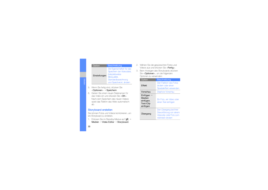 Samsung GT-I7110OAADBT, GT-I7110HKNDBT, GT-I7110OAADTM, GT-I7110HKCDBT, GT-I7110OAFDBT Storyboard erstellen, Einstellungen 