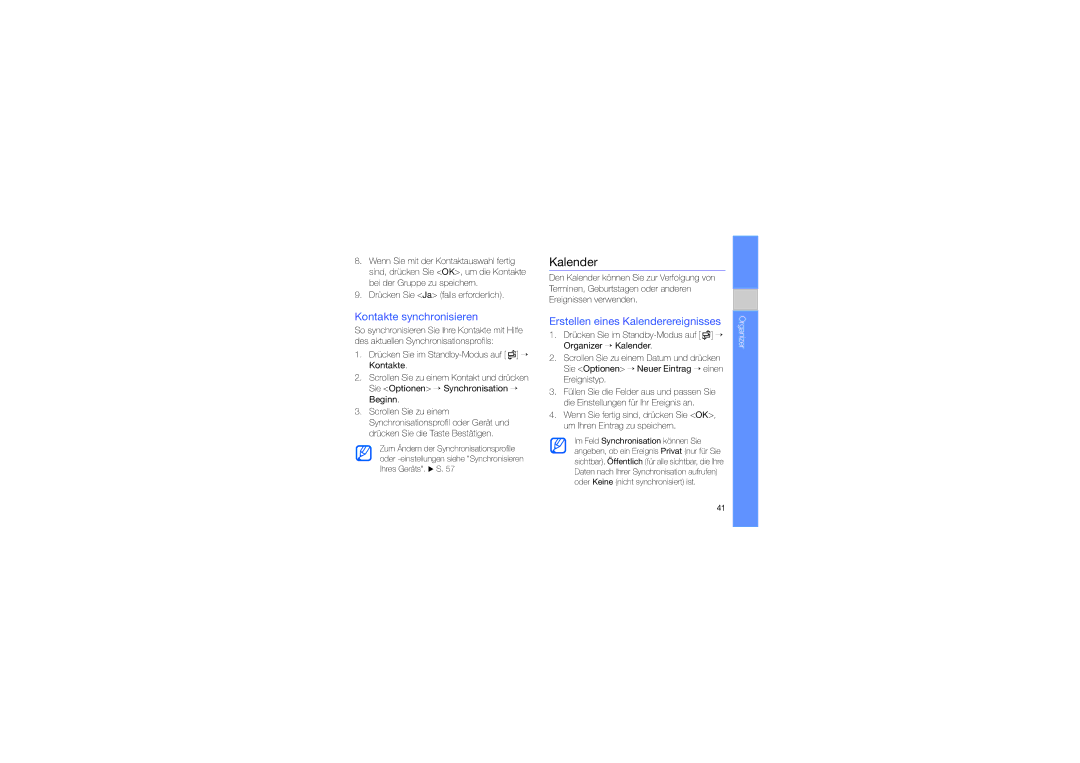 Samsung GT-I7110OACDTM, GT-I7110HKNDBT, GT-I7110OAADTM Kontakte synchronisieren, Erstellen eines Kalenderereignisses 