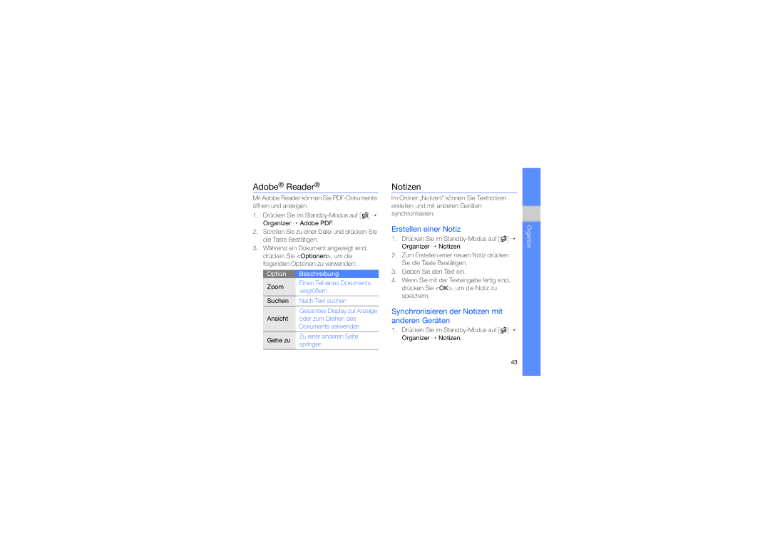 Samsung GT-I7110OAADBT manual Adobe Reader, Erstellen einer Notiz, Synchronisieren der Notizen mit anderen Geräten 