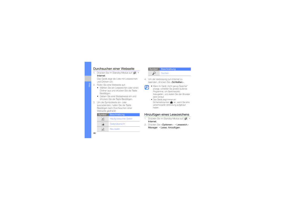 Samsung GT-I7110HKNDBT, GT-I7110OAADTM, GT-I7110HKCDBT manual Durchsuchen einer Webseite, Hinzufügen eines Lesezeichens 