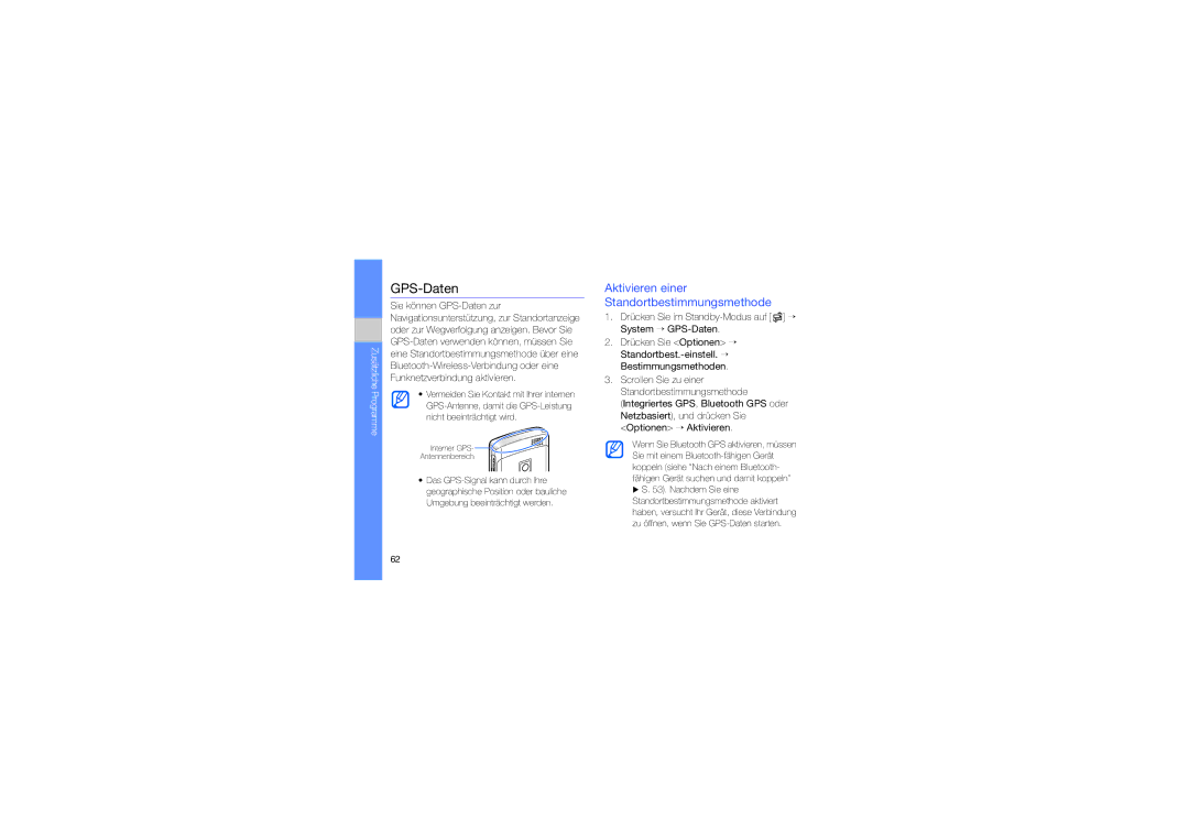 Samsung GT-I7110OAFDBT, GT-I7110HKNDBT, GT-I7110OAADTM manual GPS-Daten, Aktivieren einer Standortbestimmungsmethode 