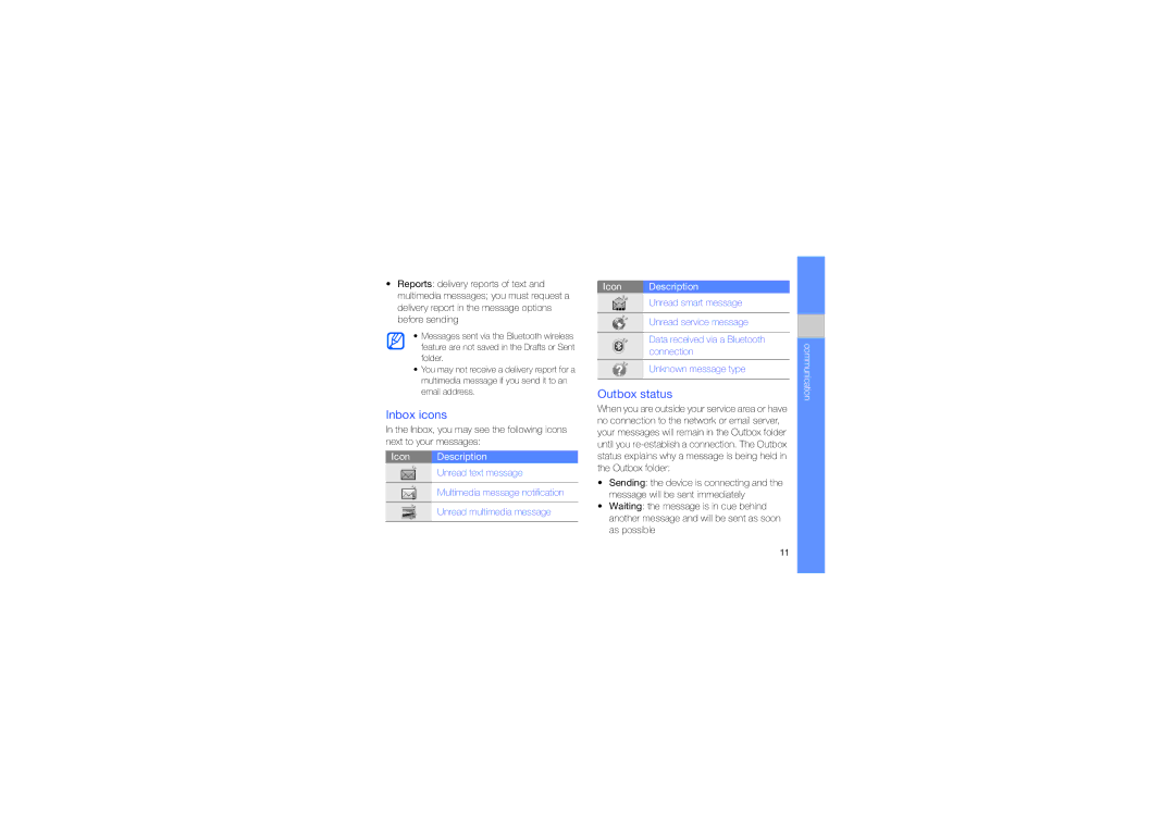 Samsung GT-I7110HKCDBT, GT-I7110HKNDBT, GT-I7110OAADTM, GT-I7110OAFDBT, GT-I7110OANDTM manual Inbox icons, Outbox status 