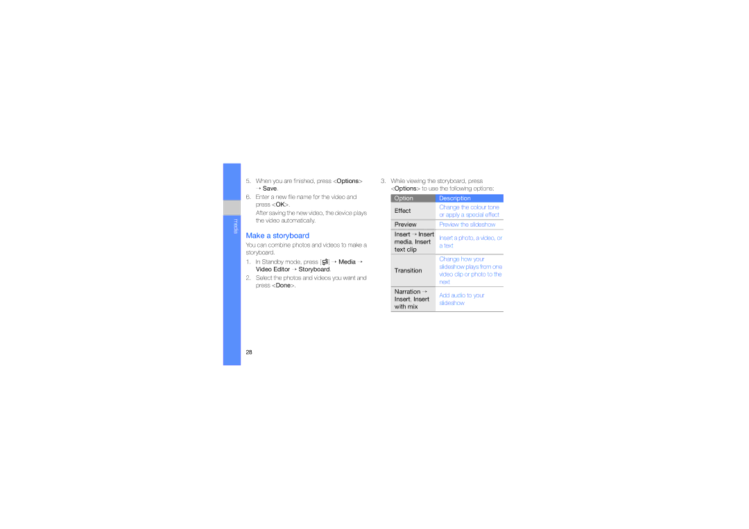 Samsung GT-I7110OAEDBT, GT-I7110HKNDBT, GT-I7110OAADTM, GT-I7110HKCDBT, GT-I7110OAFDBT Make a storyboard, Option Description 