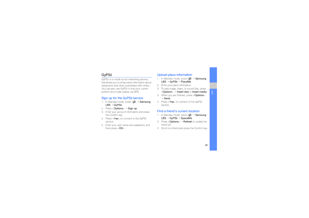Samsung GT-I7110OAADBT Sign up for the GyPSii service, Upload place information, Find a friend’s current location 