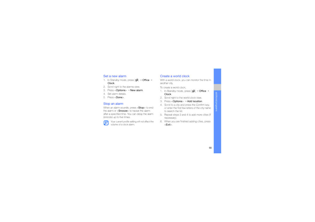 Samsung GT-I7110OANDBT, GT-I7110HKNDBT, GT-I7110OAADTM, GT-I7110HKCDBT Set a new alarm, Stop an alarm, Create a world clock 