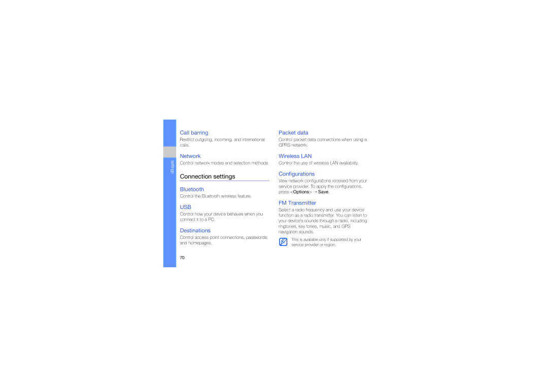 Samsung GT-I7110OACDBT, GT-I7110HKNDBT, GT-I7110OAADTM, GT-I7110HKCDBT, GT-I7110OAFDBT, GT-I7110OANDTM Connection settings 