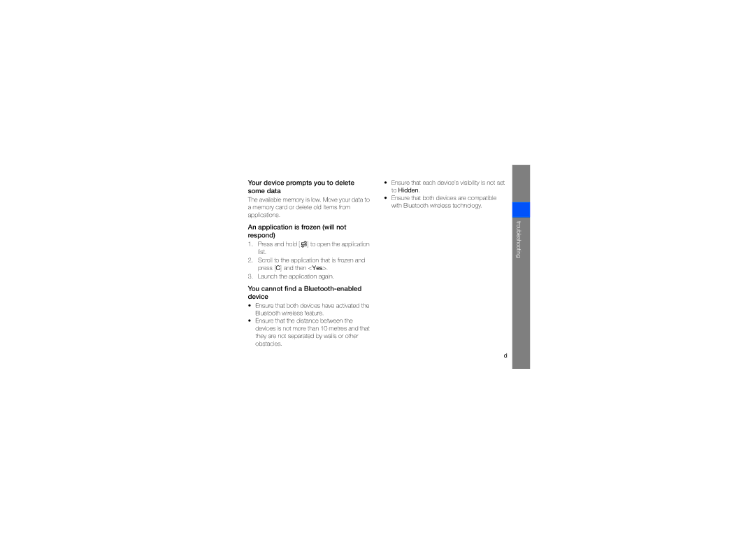 Samsung GT-I7110OAADTM manual Your device prompts you to delete some data, An application is frozen will not respond 