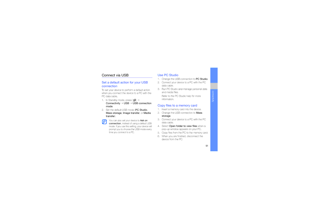 Samsung GT-I7110OAASER manual Connect via USB, Set a default action for your USB connection, Copy files to a memory card 