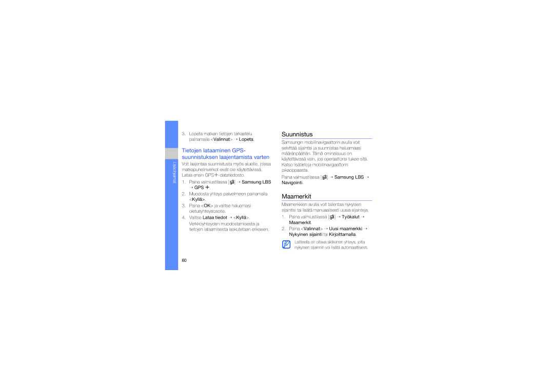 Samsung GT-I7110OAAXEE manual Suunnistus, Maamerkit, Tietojen lataaminen GPS- suunnistuksen laajentamista varten 