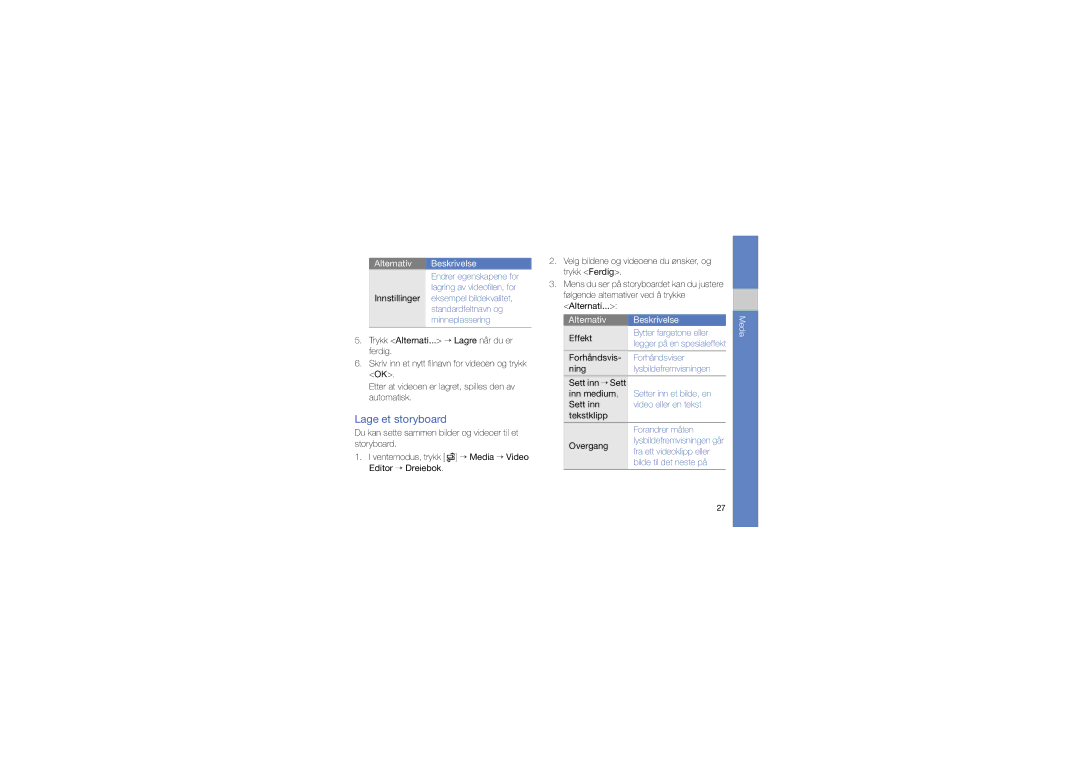 Samsung GT-I7110OAAXEE manual Lage et storyboard, Effekt, Forhåndsvis- Forhåndsviser, Sett inn → Sett 