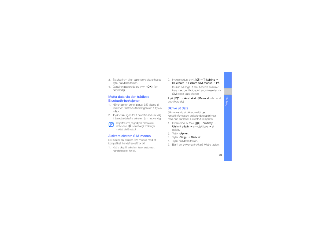 Samsung GT-I7110OAAXEE manual Motta data via den trådløse Bluetooth-funksjonen, Aktivere ekstern SIM-modus, Skrive ut data 