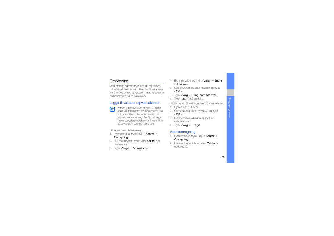 Samsung GT-I7110OAAXEE manual Omregning, Legge til valutaer og valutakurser, Valutaomregning 