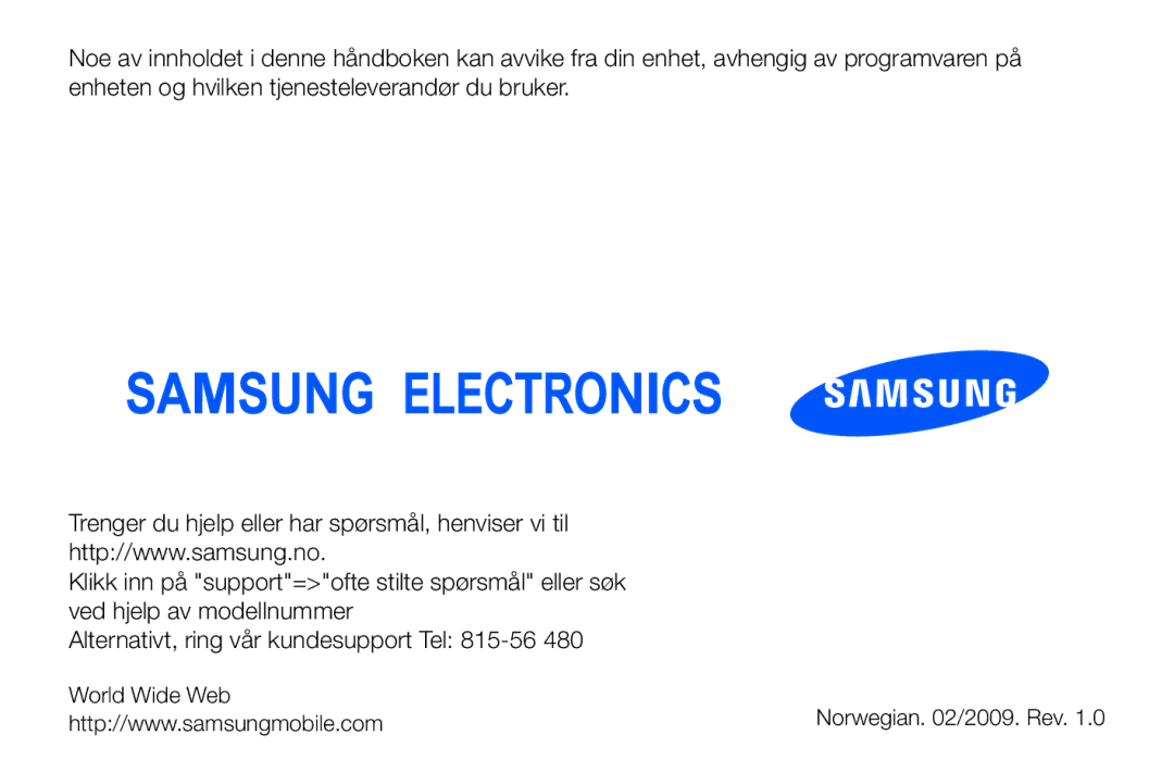 Samsung GT-I7110OAAXEE manual Norwegian /2009. Rev 