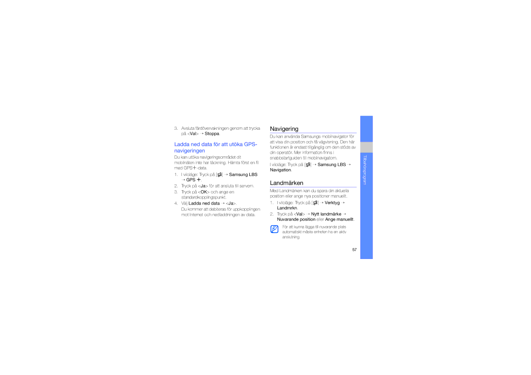 Samsung GT-I7110OAAXEE manual Navigering, Landmärken, Ladda ned data för att utöka GPS- navigeringen 
